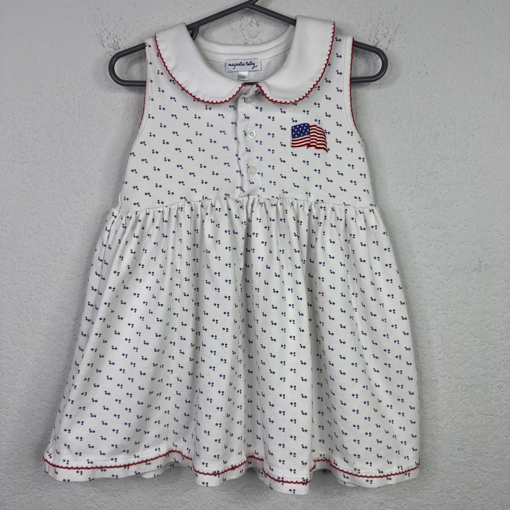 Magnolia Baby Dress Girl 4 White Patriotic Star American Flag USA Holiday Preppy